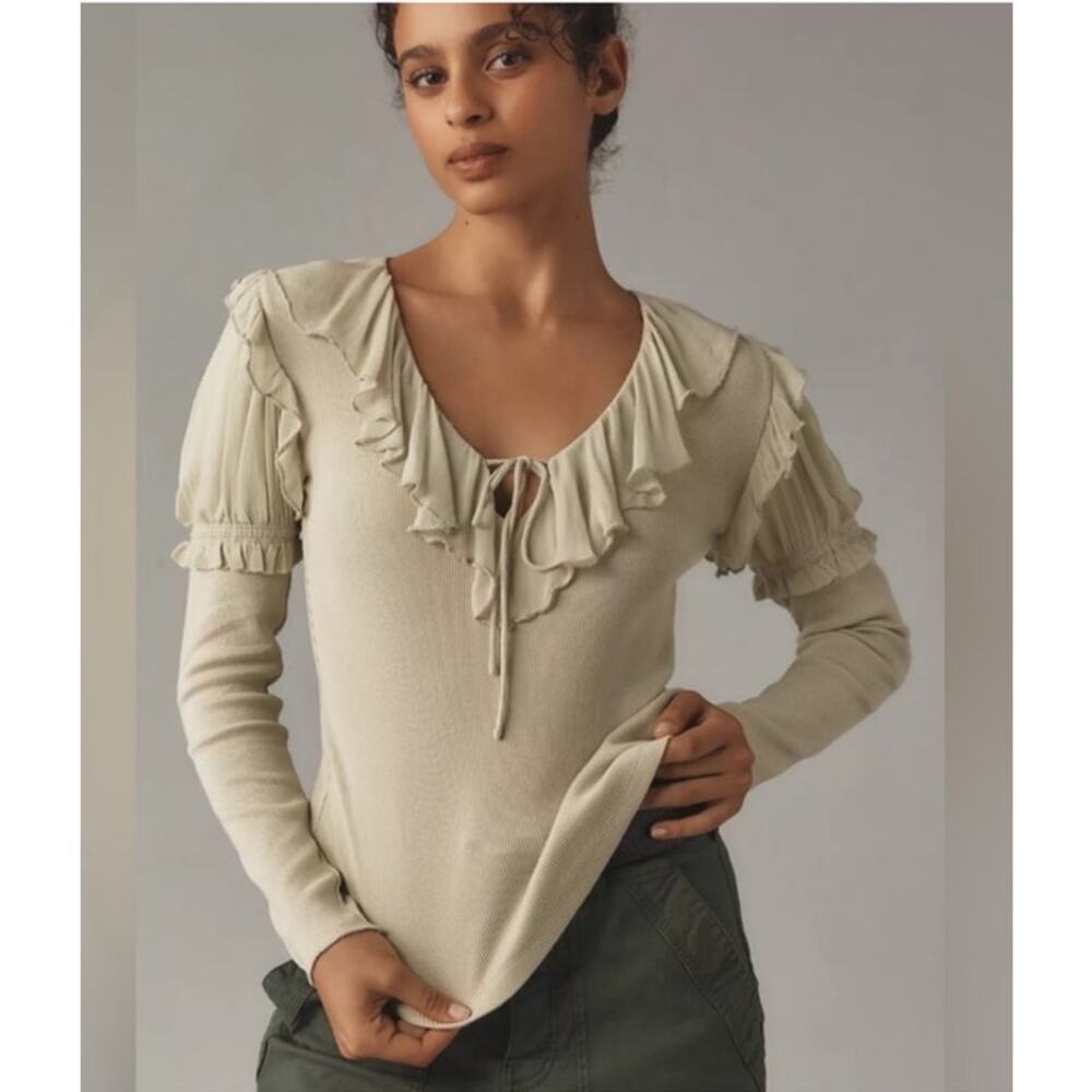 NWT By Anthropologie Light Green Long Sleeve Ruffle Top Boho Blouse Size XS